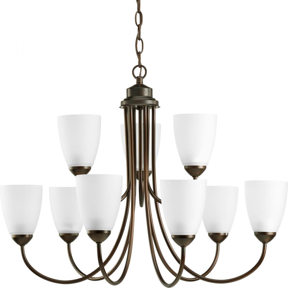 Nine Light Antique Bronze Etched Glass Up Chandelier