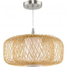 Progress P500396-201 - Cordova Collection Medium One-Light Natural Rattan Organic Modern Pendant with White Linen Shade