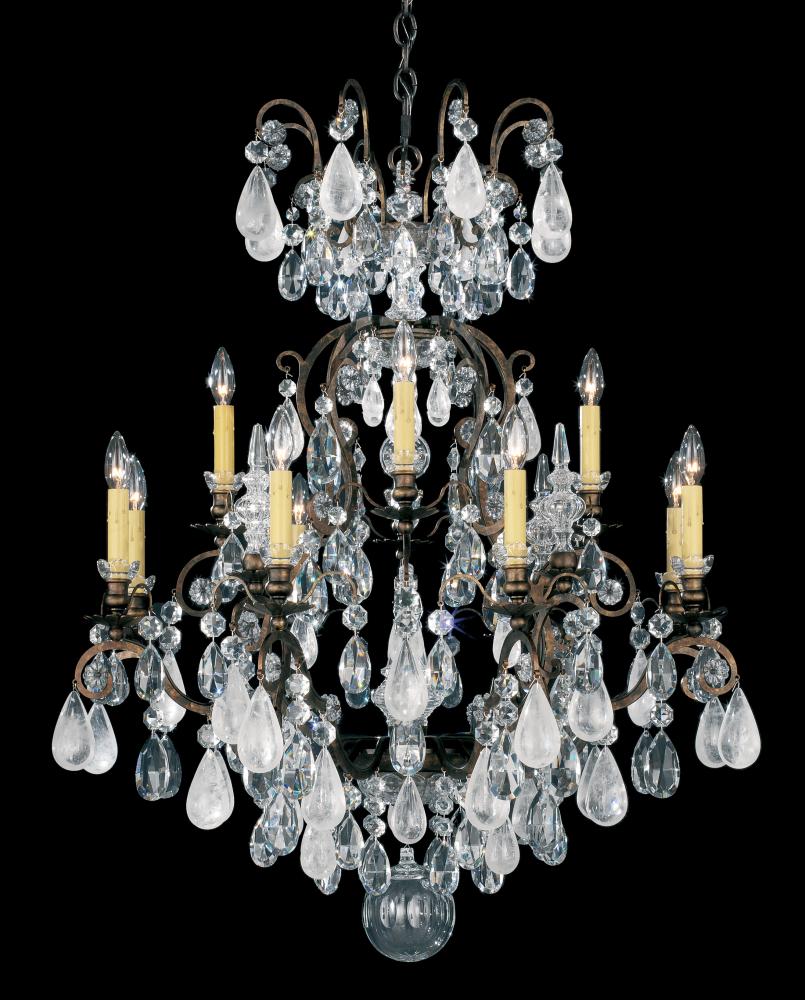 Renaissance Rock Crystal 13 Light 120V Chandelier in Etruscan Gold with Amethyst & Black Diamound