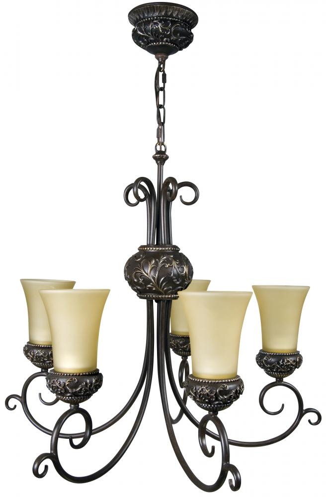 Five Light Aged Bronze/vintage Madera Frosted Amber Glass Up Chandelier