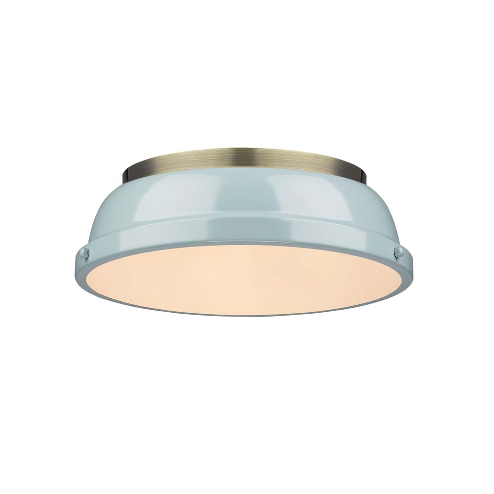 Duncan 14&#34; Flush Mount in Aged Brass with a Seafoam Shade