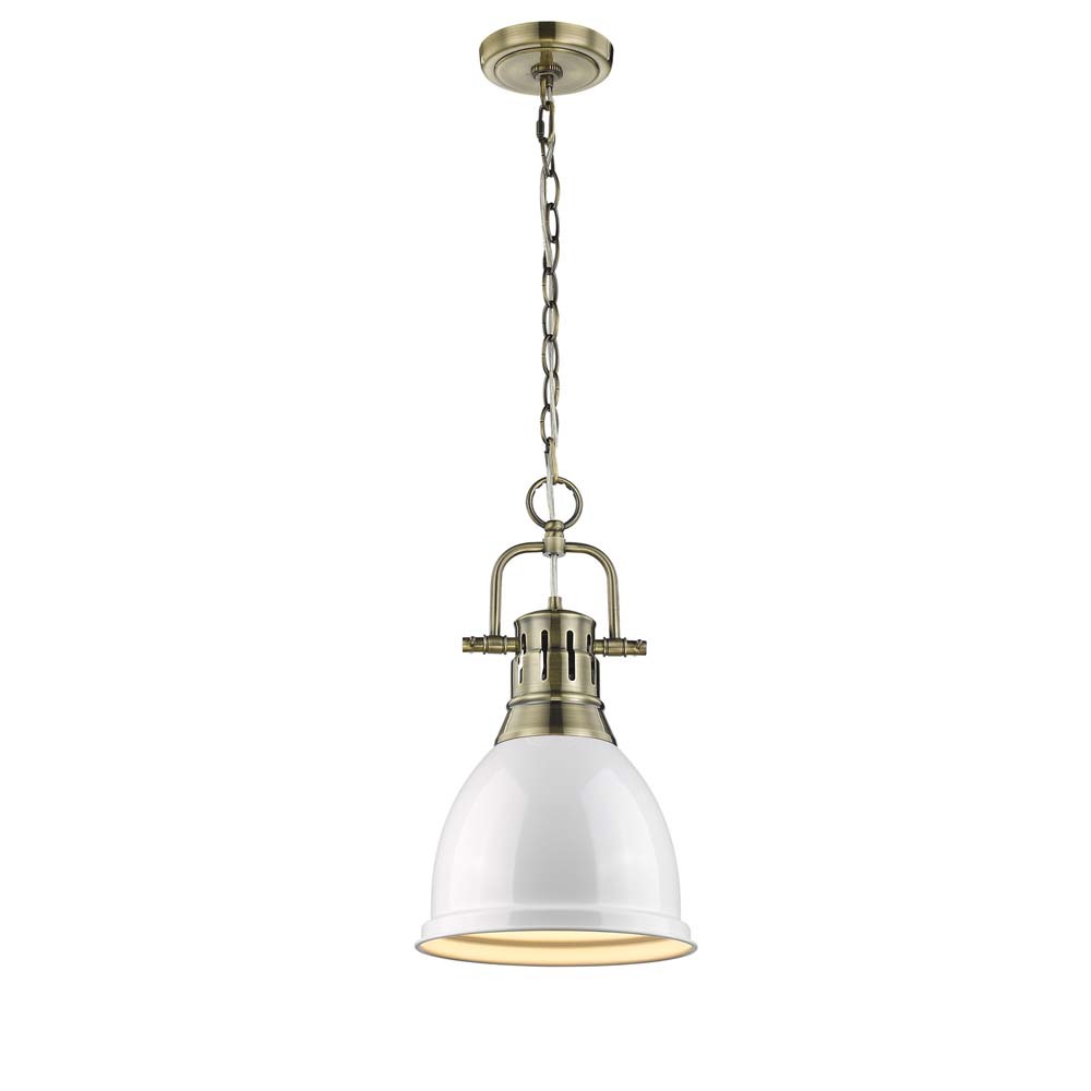 Duncan Small Pendant with Chain in Aged Brass with a White Shade