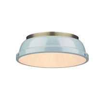 Golden 3602-14 AB-SF - Duncan 14" Flush Mount in Aged Brass with a Seafoam Shade