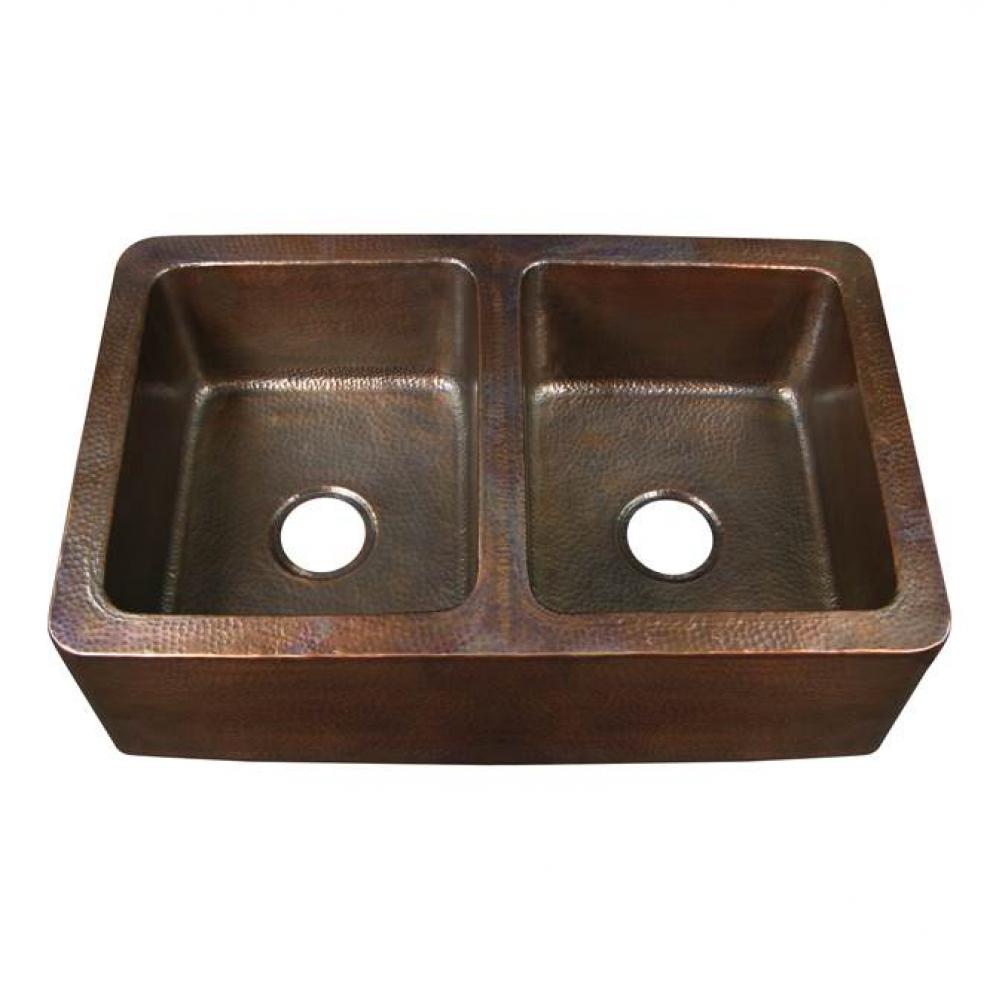 Pembroke Double Bowl Farmer  Sink, Hammered Antique Copper