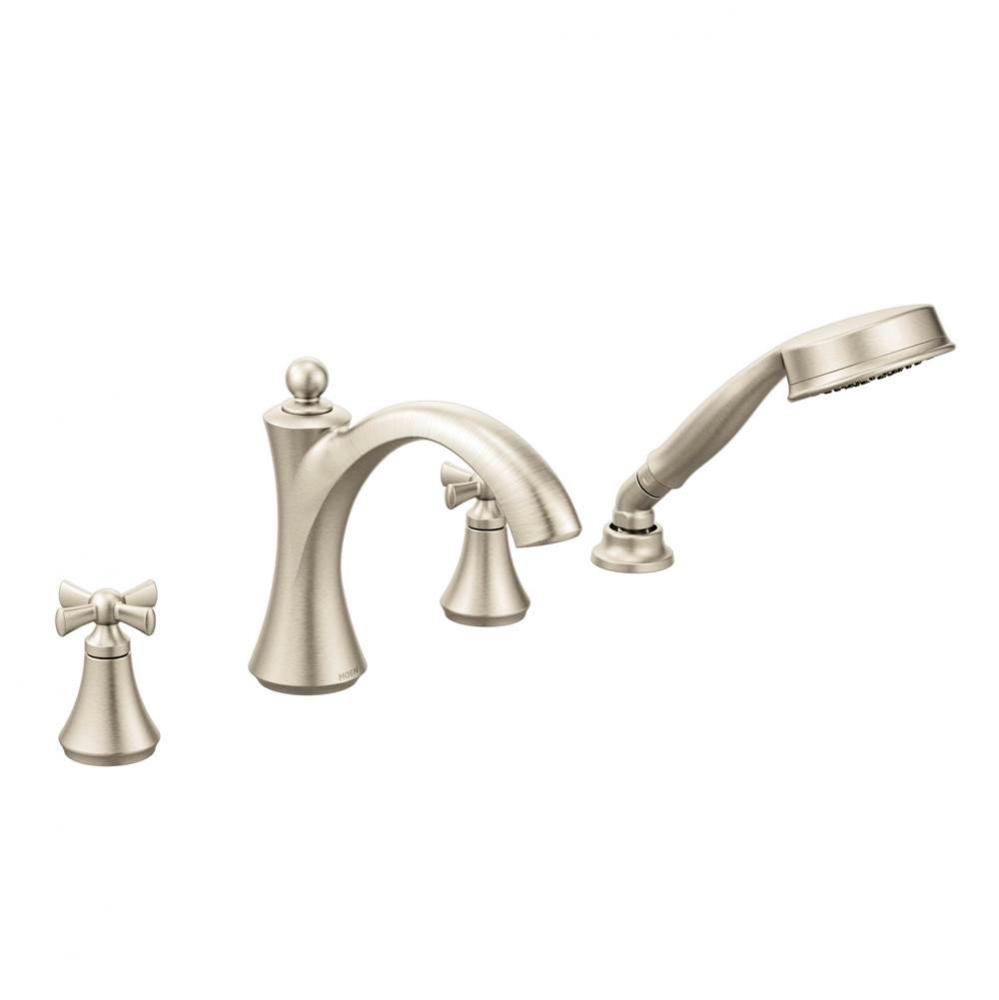 Wynford 2-Handle Deck-Mount Roman Tub Faucet with Handshower in Brushed Nickel