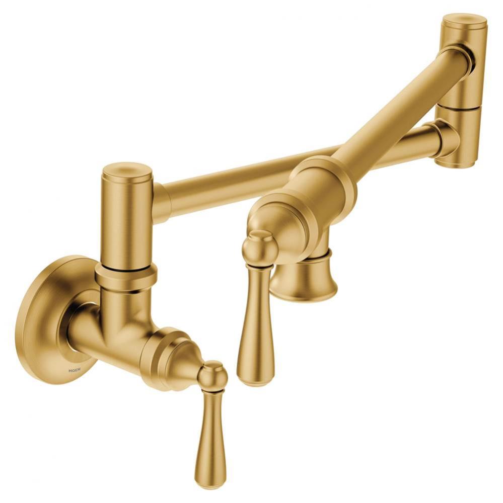 Traditional Wall Mount Swing Arm Folding Pot Filler Kitchen Faucet, Brushed Gold