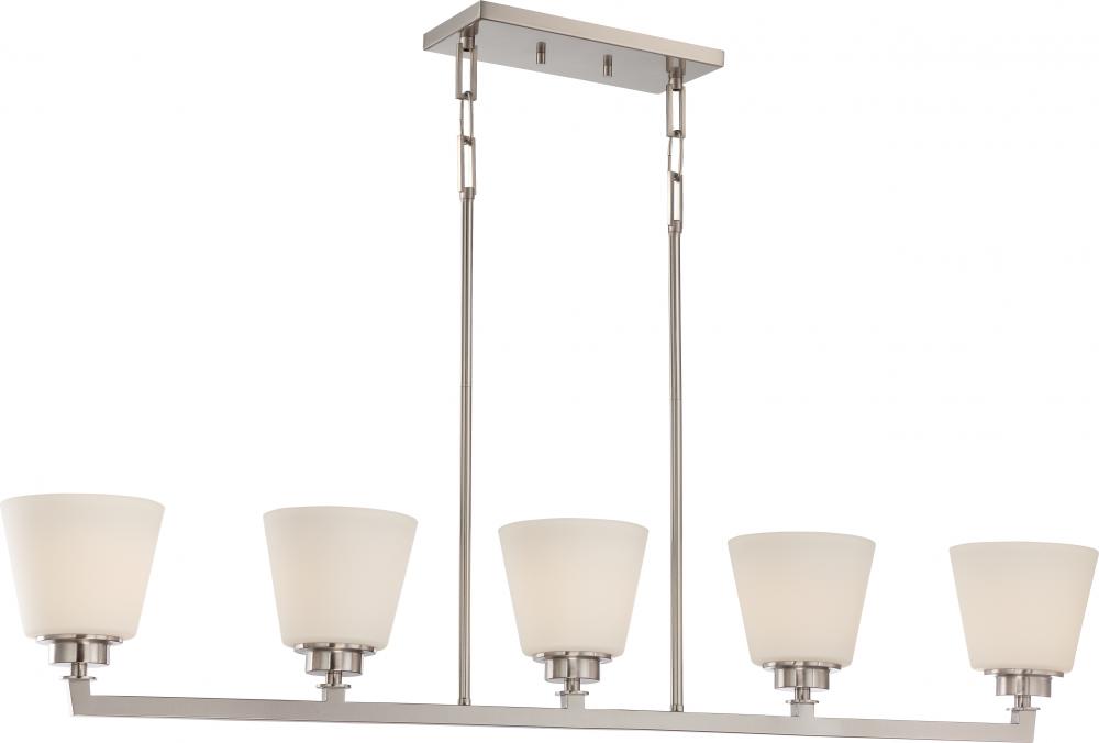 Mobili - 5 Light Island Pendant with Satin White Glass - Brushed Nickel Finish