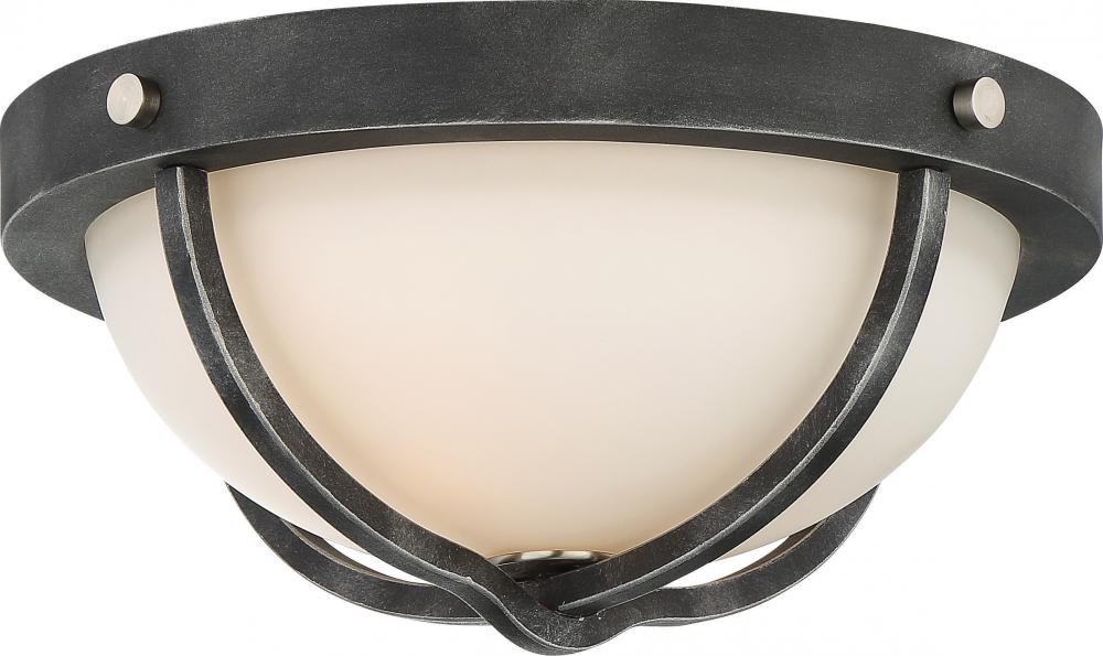 Sherwood - 2 Light 15&#34; Flush Fixture with Satin White Glass - Iron Black Finish with Brushed