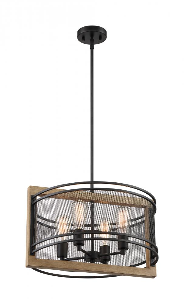 Atelier - 4 Light Pendant with- Black and Honey Wood Finish