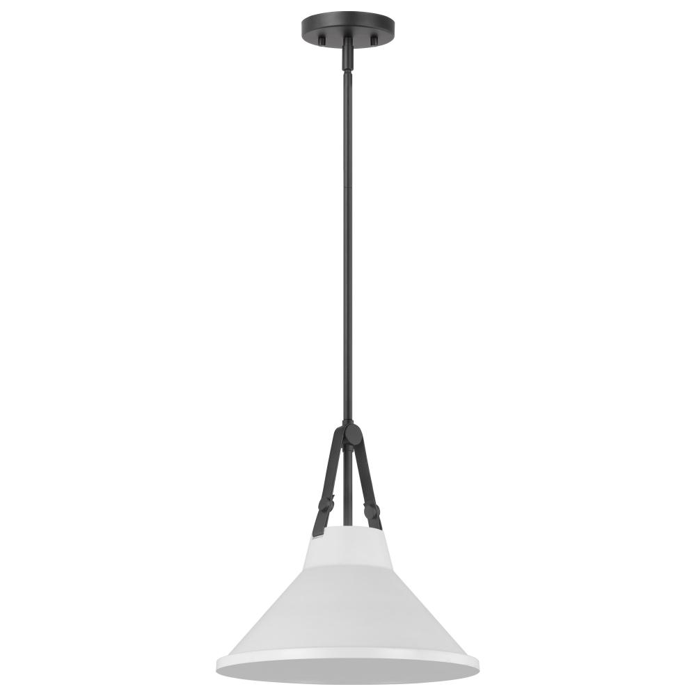 Zelda; 1 Light Pendant; Medium Base; 60 Watt; Black Finish; White Metal Shade; Faux Leather Straps