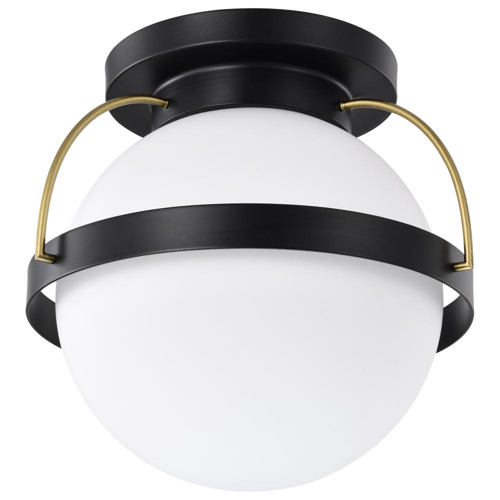 Lakeshore 1 Light Medium Flush; Matte Black & Natural Brass Finish; White Opal Glass